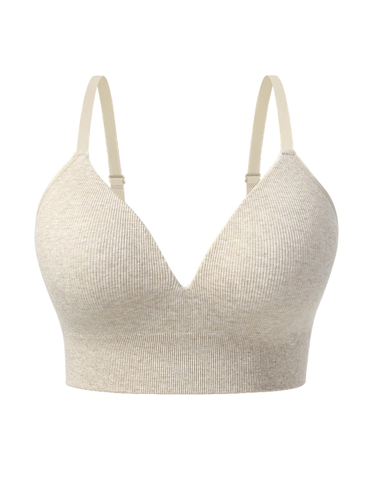 Kniffi Womens V Neck Wireless Bra Ribbed Seamless Bralette Padded Everyday Bras