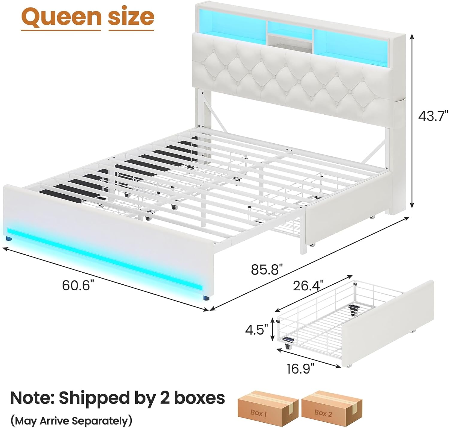 HAUOMS Queen Bed Frame with Bookcase Headboard,LED Bed Frame with 4 Storage Drawers,Power Outlet, Modern Velvet Upholstered Platform Bed with 5 Shelf, No Box Spring Needed, Creamy White