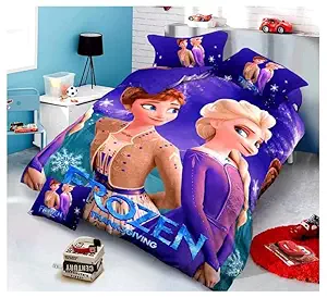 D Imports Kids Glace Cotton Double Bedsheet Set Purple Shade with Cartoon Characters Printed Design Color Comes with 1 Double Bedsheet Size 90*100, 2 Pillow Covers