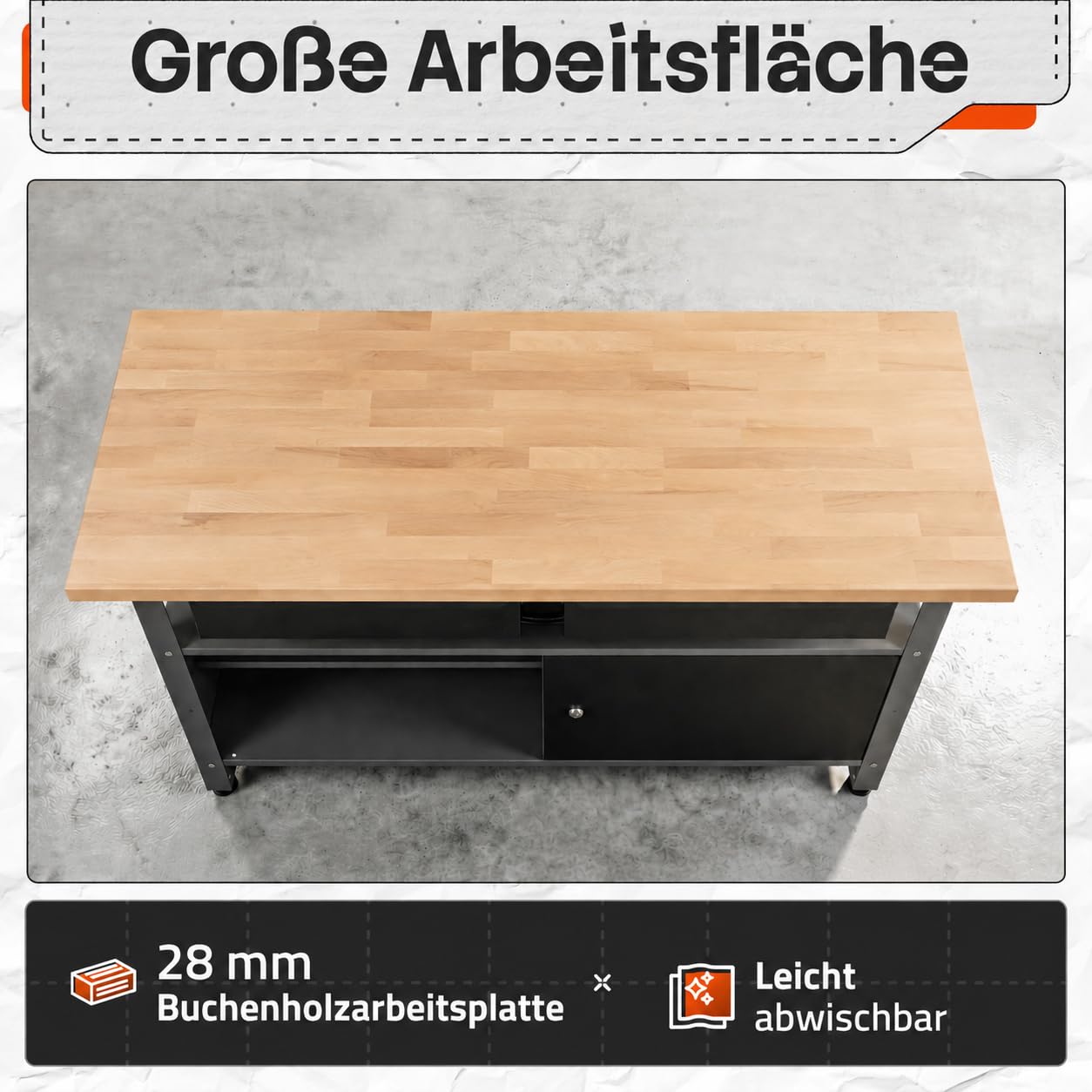 Ondis24 Werkstatteinrichtung Werkstatt Set Werkbank Fritz Hängeschrank Werkzeugwand Metall Schwarz Grau (Hängeschrank Ben & Tim, 240 cm), Buchenholzarbeitsplatte