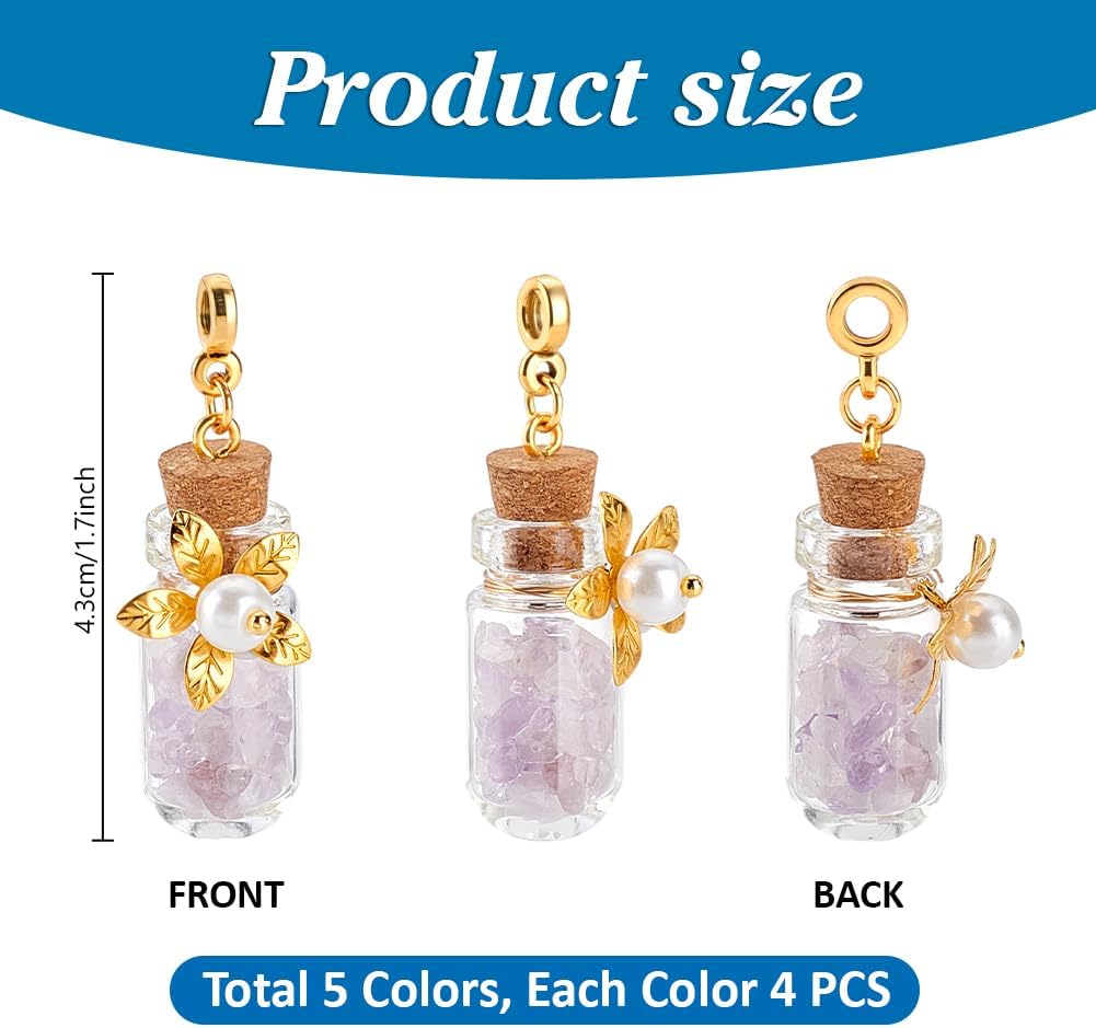 PH PandaHall 20pcs Glass Bottle Pendants, 5 Colors Colorful Gemstone Chip Filling Pendants European Dangle Charm Glass Wishing Bottle Charms for Necklace Earring Keychain Jewelry Making - Image 2