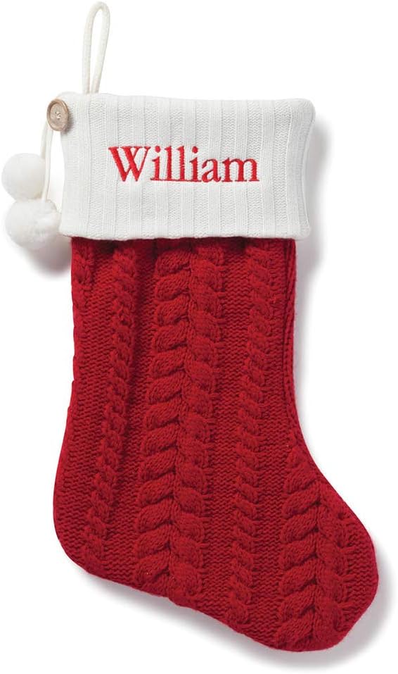 Personalized Planet Traditional Red Cable Knit Christmas Stocking with Custom Name Embroidery | White Cuff | Detailed with Button and Pom Pom Accents | Fun Festive Christmas Home Décor | Ready to Hang