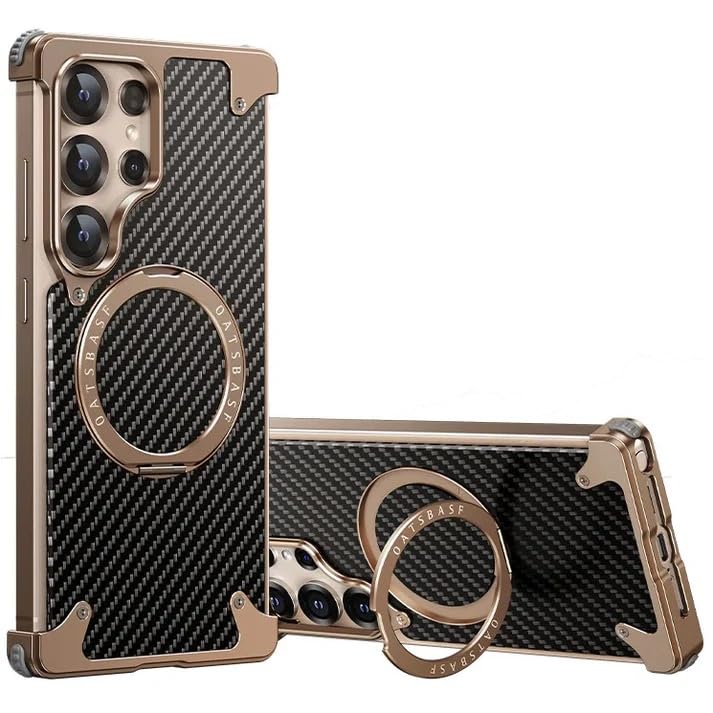 Image of Bumper Case with Kickstand for Samsung Galaxy S-Series Ultra Case Compatible with Wireless Charging | Luxury Aluminum Armor (Kevlar - Gold, Samsung Galaxy S24 Ultra)