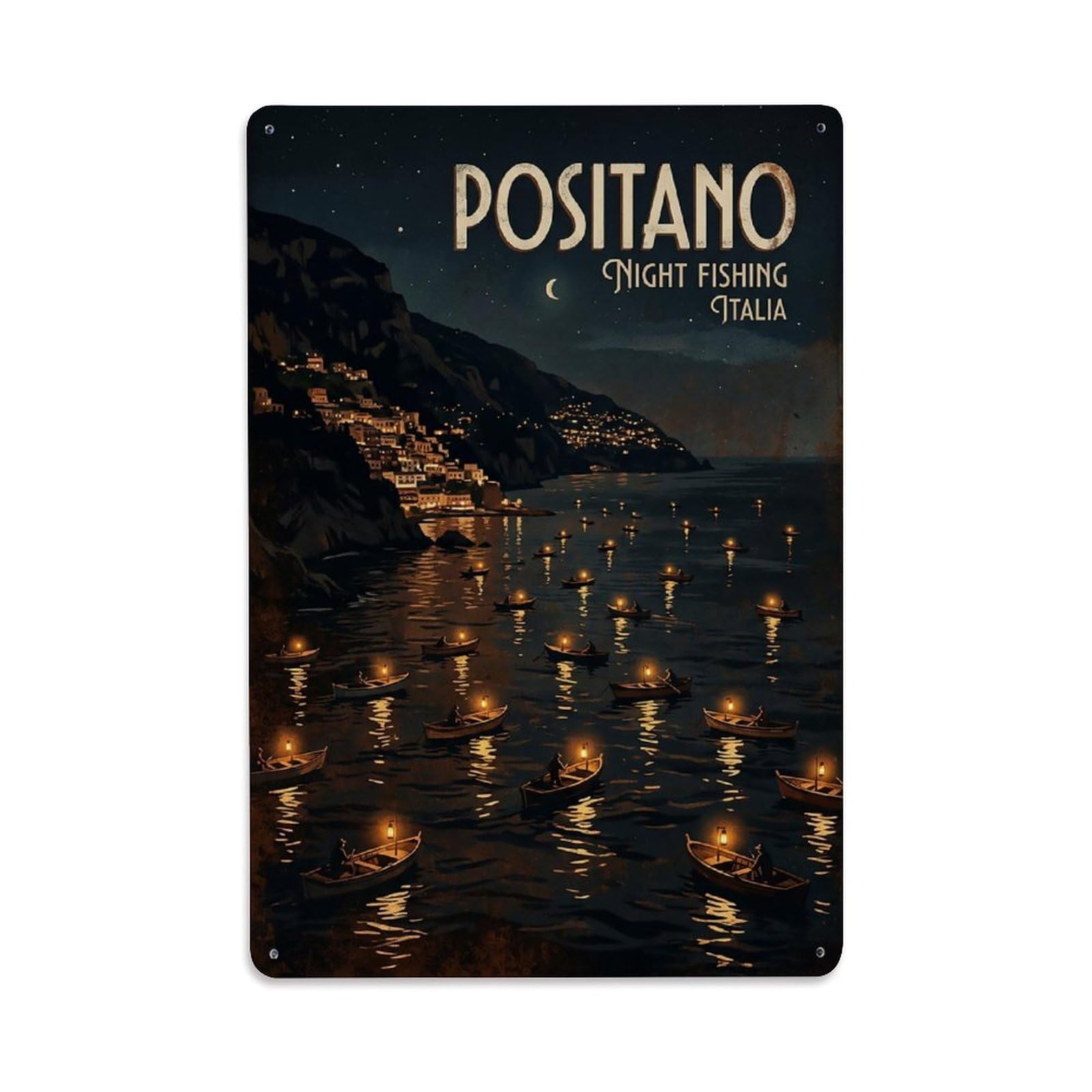 Huiyhb 8X12inch(20X30cm) Vintage Travel Positano Italy Lantern Boats Fishing Metal Tin Sign