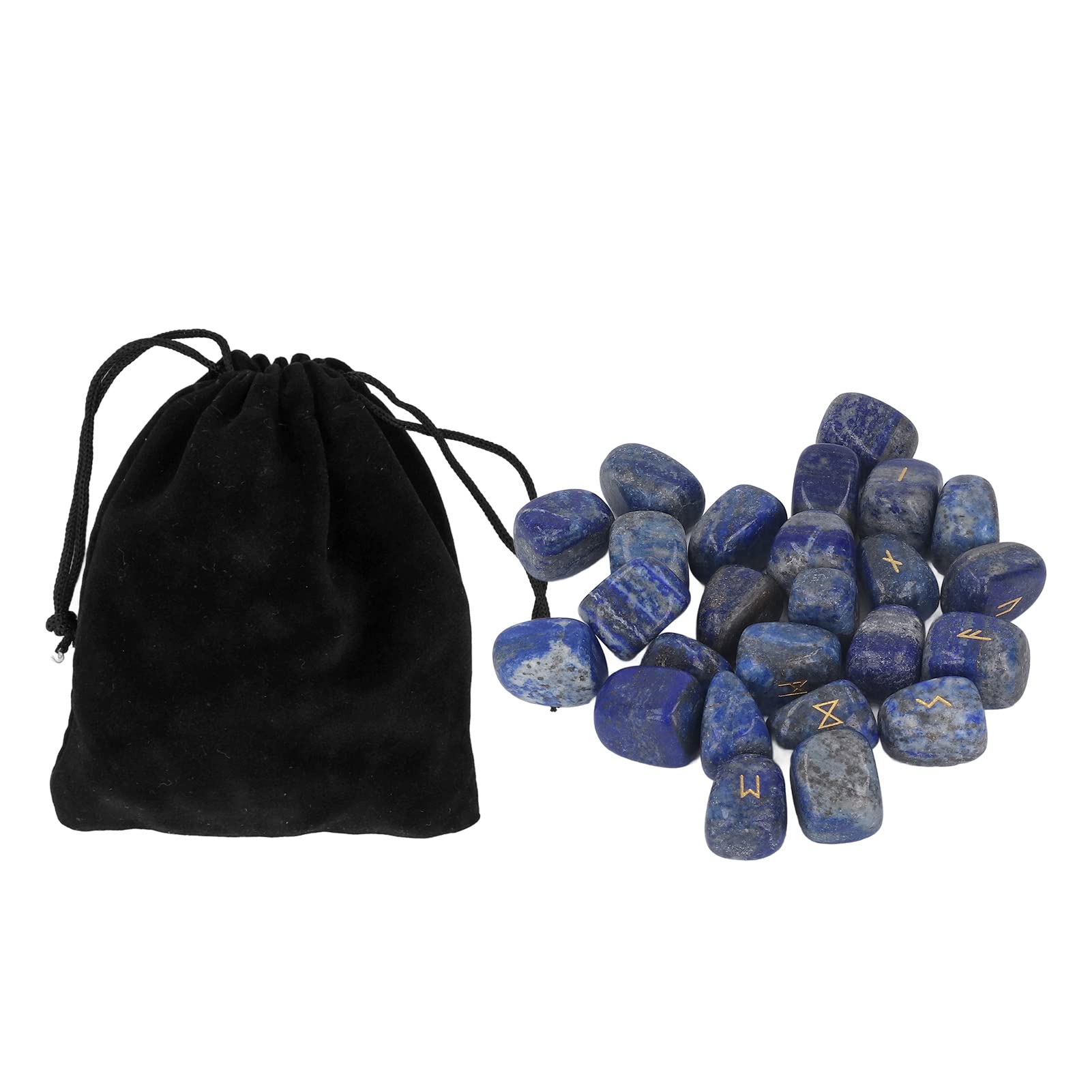 25 piedras de runas naturales grabadas con alfabeto rúnico Elder Futhark con letras doradas para adivinación, juego de 24 runas y 1 piedra original en bolsa de almacenamient (Lapislázuli)