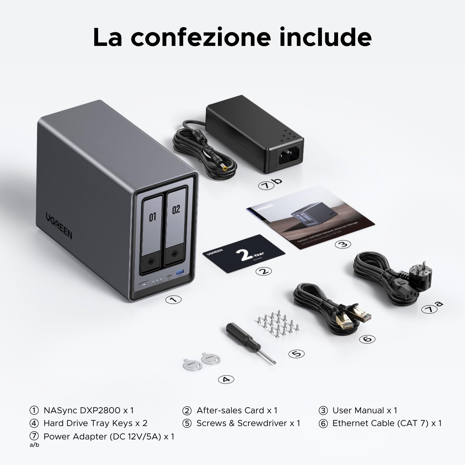 UGREEN NASync DXP2800, NAS desktop a 2 bay, CPU Intel N100 Quad-core, 8 GB di RAM DDR5, 2,5 GbE Enthernet, 2 slot M.2 NVMe, HDMI 4K, archiviazione collegata in rete (Senza disco)