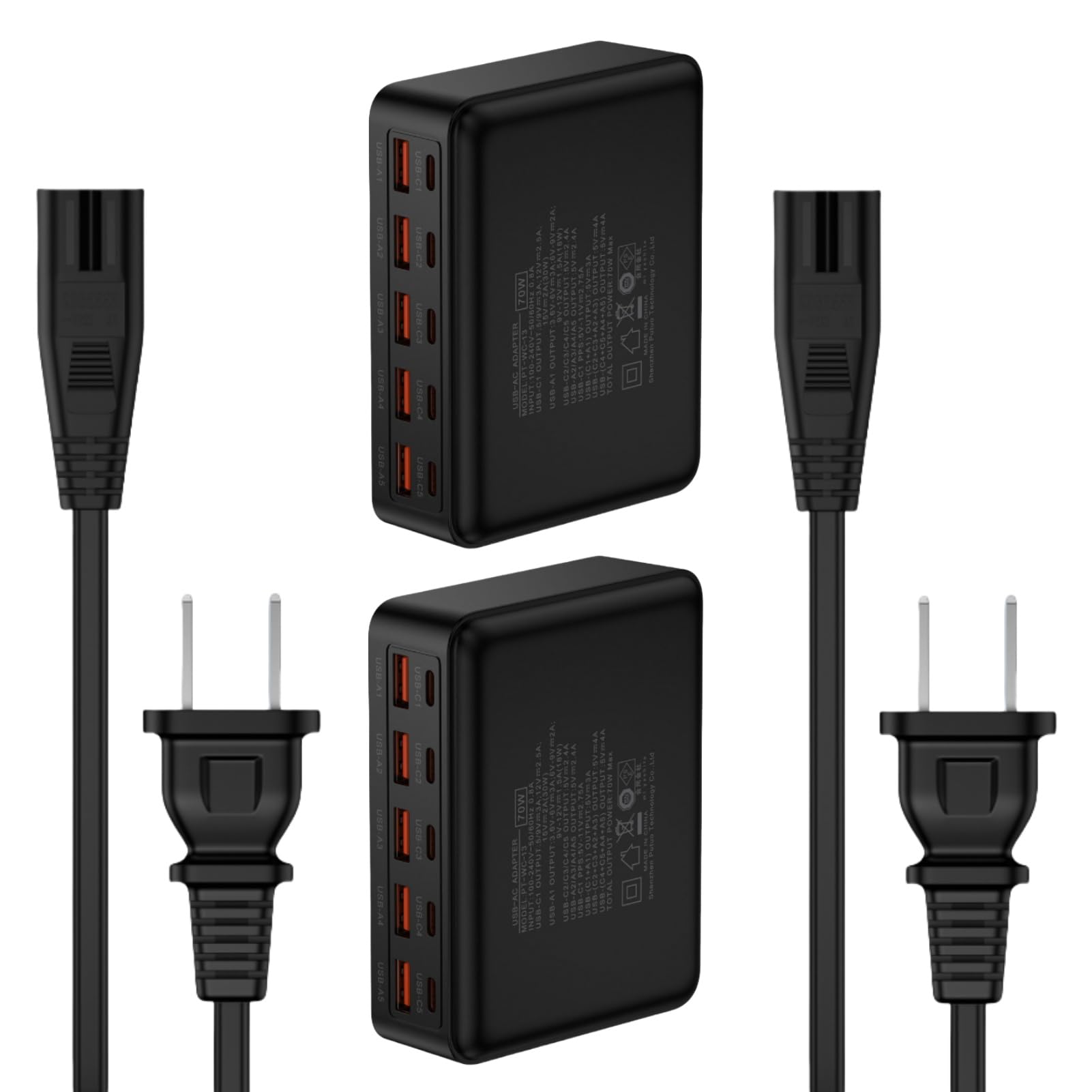 USB コンセント 10ポート 70W 【5*PD&5*USB A】 Type C充電器 iPhone 17充電器 USBチャージャー コンパクト スマホアダプター PSE認証 10台同時充電可能 ACアダプター コンセントタイプC iPhone 17/Galaxy S26/Android スマホ タブレット対応 ブラック2個