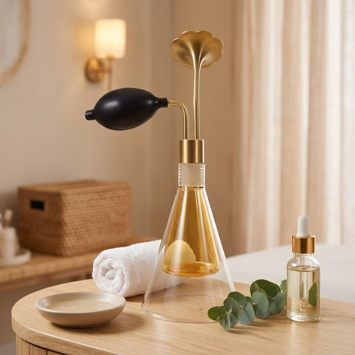 EXCEART Atomiseur Parfum Vintage 90ml 3 Oz en Verre Doré et Cuivre | Buse Fleur, Pompe Courte, Flacon Rechargeable, Brumisation Précise, pour Test D’arôme et Spa