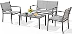 Shintenchi 4 Pieces Patio Furniture Set All Weather Textile Fabric Outdoor Conversation Set, with Glass Coffee Table, Loveseat, 2 Single Chairs for Home, Garden, Lawn, Porch(Silver)