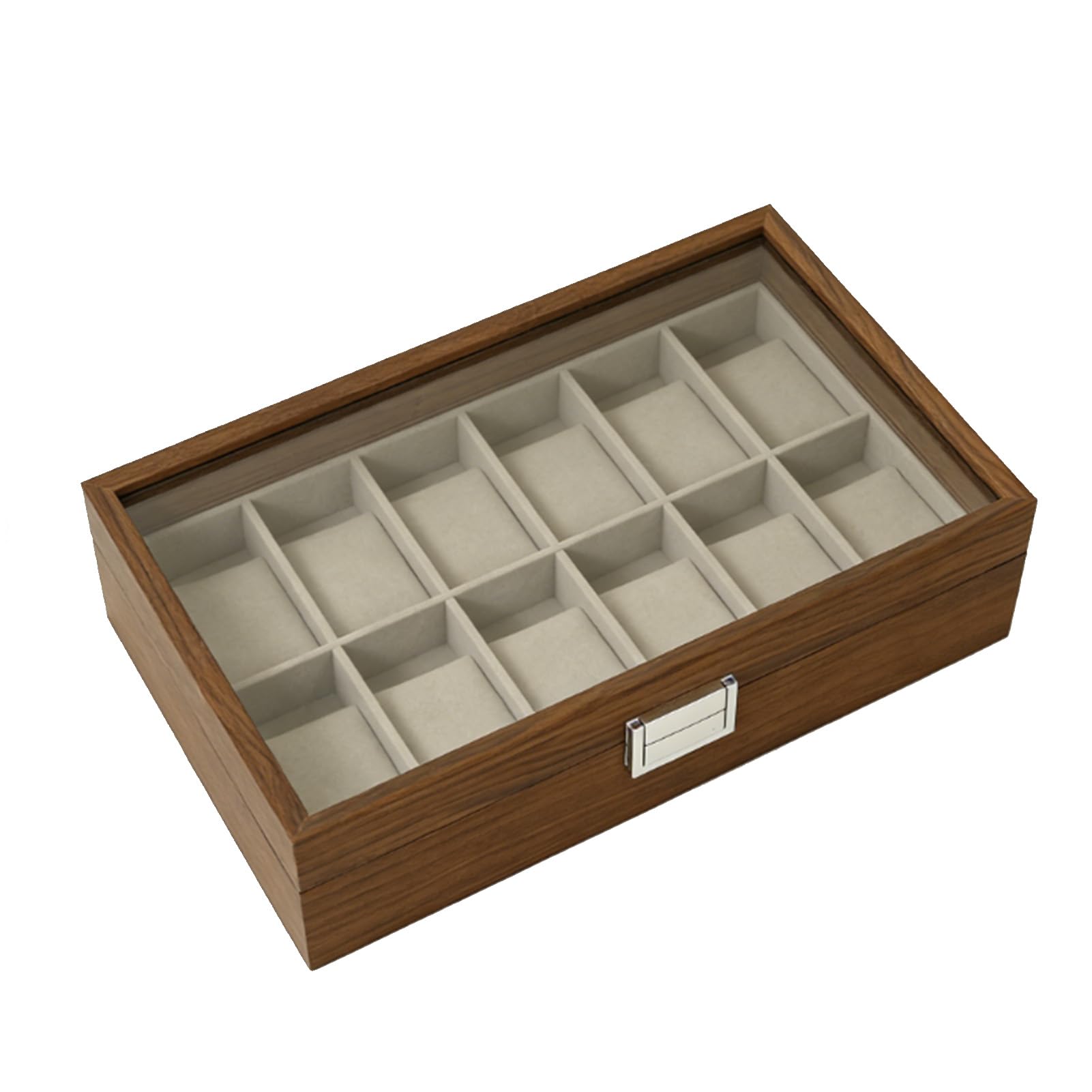 Fabater Scatola per Orologi, Coperchio in Vetro a 12 Scomparti, Pannello in MDF Rivestito in Velluto, Adatta per Vetrine per Orologi Meccanici Al Quarzo, Organizer per con Cuscino Rimovibile per,