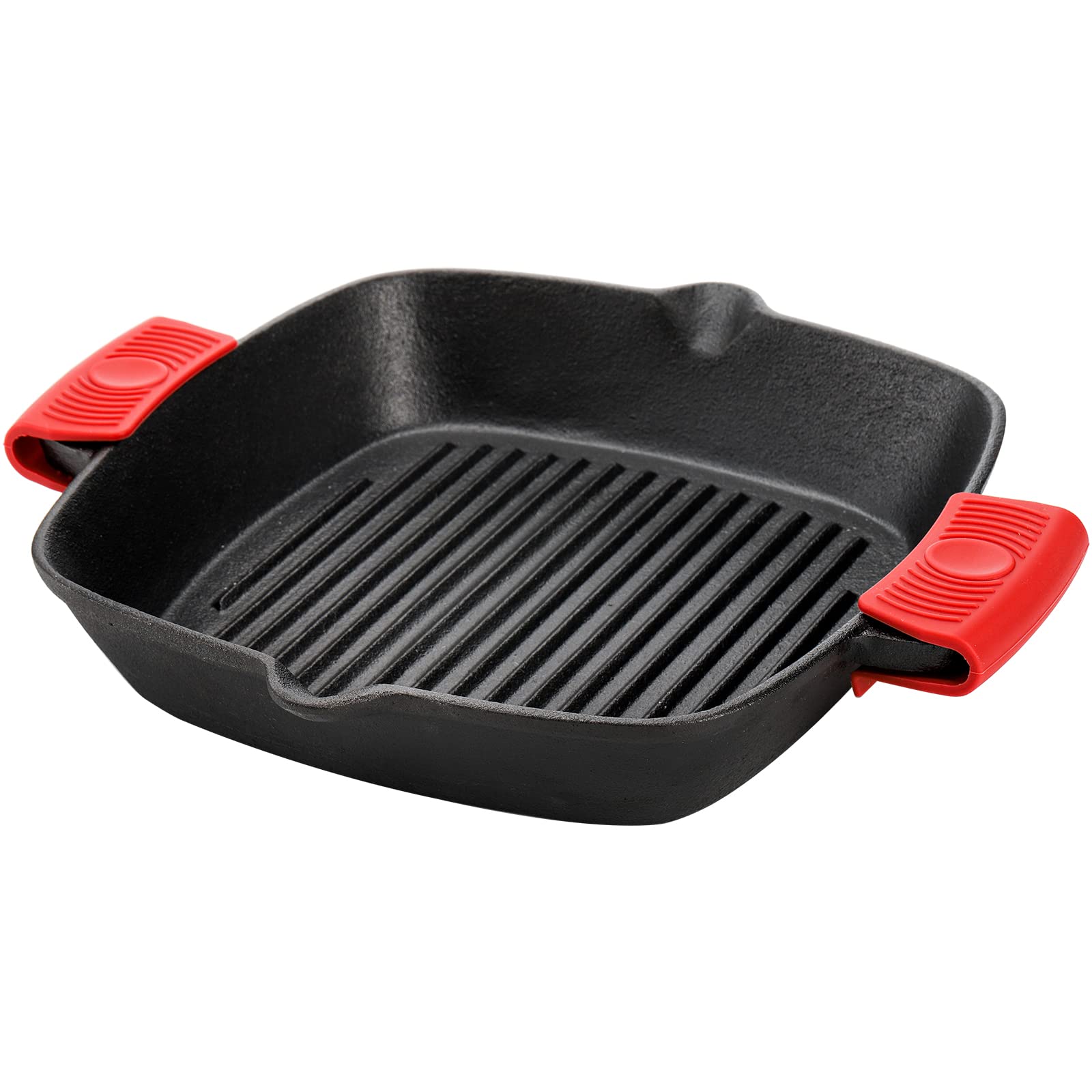 ZOOFOXCast Iron Grill Pan, 10" Square Skillet with Easy Grease Drain Spout and Two Silicone Handle Covers, Pre Seasoned Grill Pan for Grilling Bacon, Steak, Meats, Camping and Barbecue