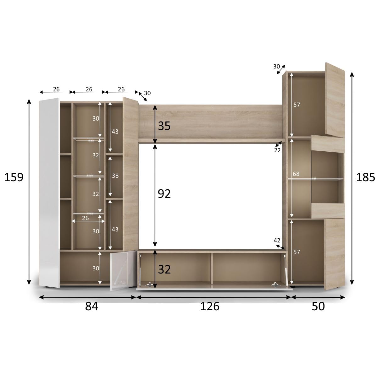 Habitdesign Salón Compacto 260, Mueble televisión, Modelo Essential, Acabado Roble Canadian y Blanco Brillo, Medidas: 185 cm (Alto) x 260 cm (Ancho) x 42 cm (Fondo)