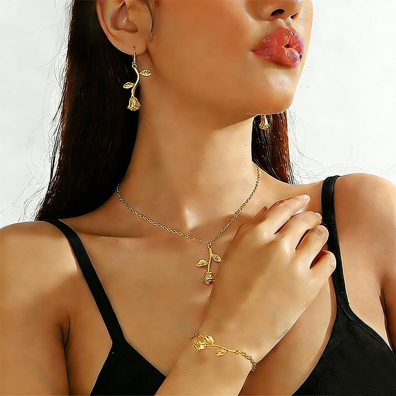 ONLYJUMP 3Pcs 3D Rose Jewelry Sets for Women Plated Gold Silver Drop Earrings Necklace Bracelet Stainless Steel Elegant Romantic Gift for Wedding Birthday Valentine's Day - Image 3