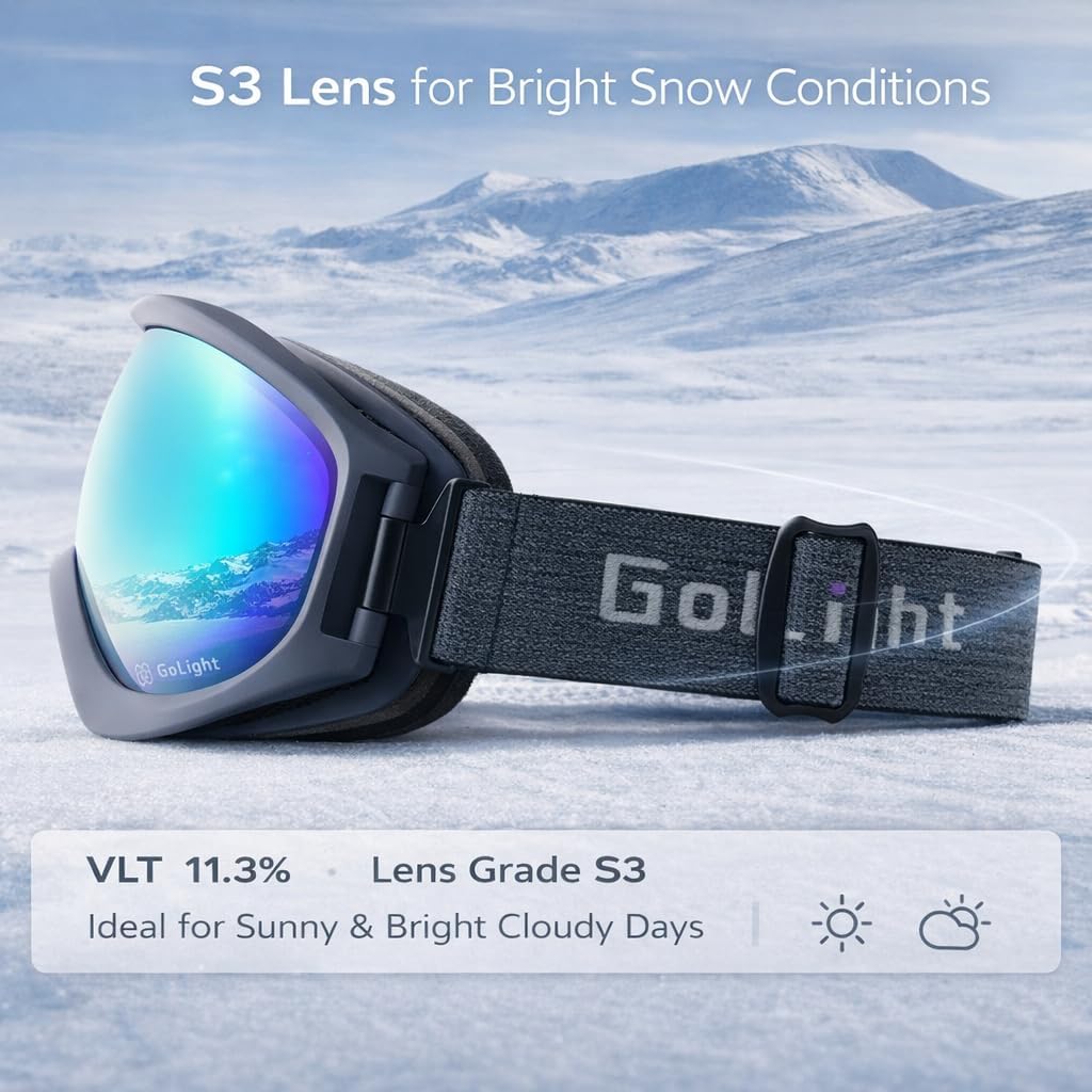 GoLight Spherical Ski Goggles–Simple, Comfortable Snow Goggles with Anti-Fog Double REVO Lens, UV400 Protection & Secure Fit