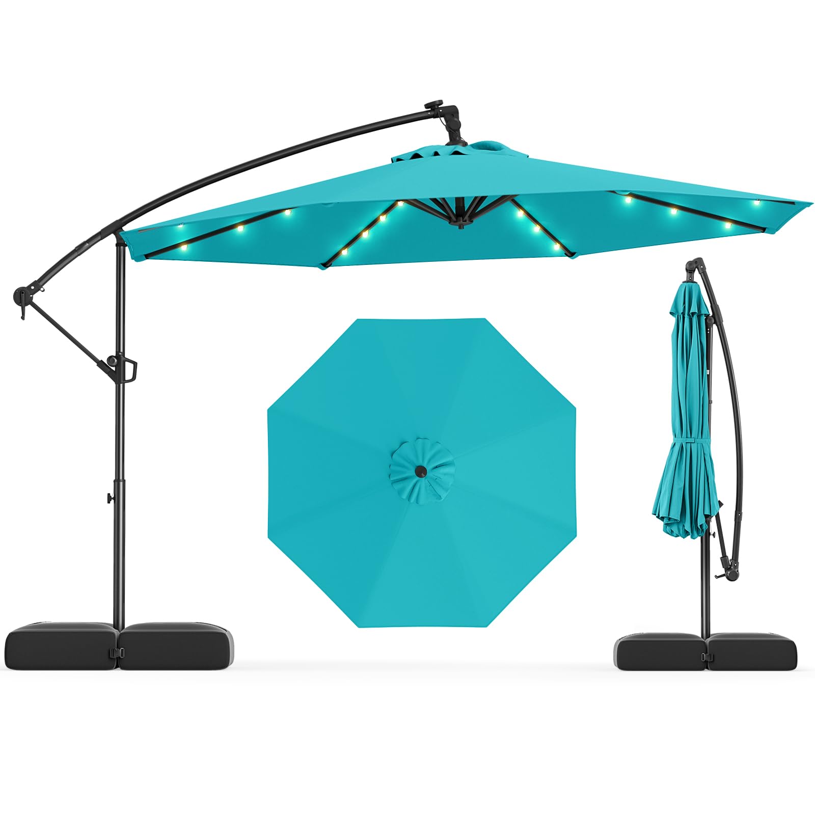 Tangkula 10ft Solar Patio Umbrella with Base Included, Offset Cantilever Outdoor Umbrella with 32 LED Lights, Infinite Tilt, 360 Degree Rotation, Crank Handle for Pool Deck Garden  image 1