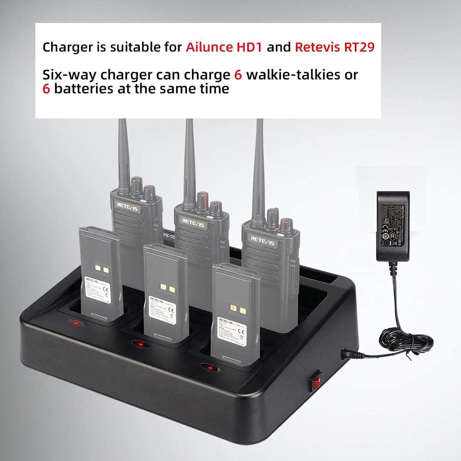 Retevis RT29 Chargeur Six Emplacements, Pratique Chargeur Multiple Compatible avec Ailunce HD1/HD2 DMR Radio RT29D RT29S Walkie Talkie Longue Portée Pratique et Efficace (1 Pcs)