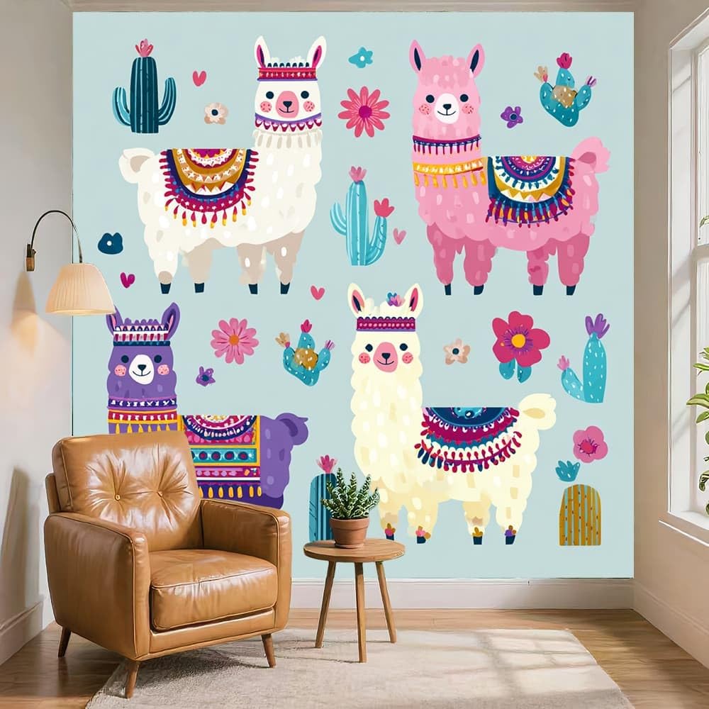 Panoramiczna tapeta ścienna kreskówka alpaka kwiaty 250x175 cm kolorowa tapeta z włókniny niestandardowy rozmiar duży plakat ścienny obraz ścienny do salonu, biura, wystrój tło telewizora