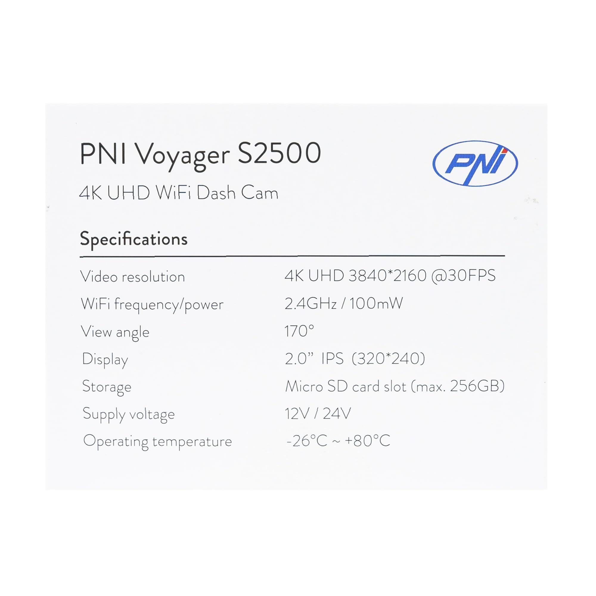 Kamera samochodowa PNI Voyager S2500 WiFi, 4K UHD, ekran 2 cale, nagrywanie cykliczne, monitoring parkowania, detekcja ruchu, nagrywanie obrazu i dźwięku, zasilanie 12V/24V
