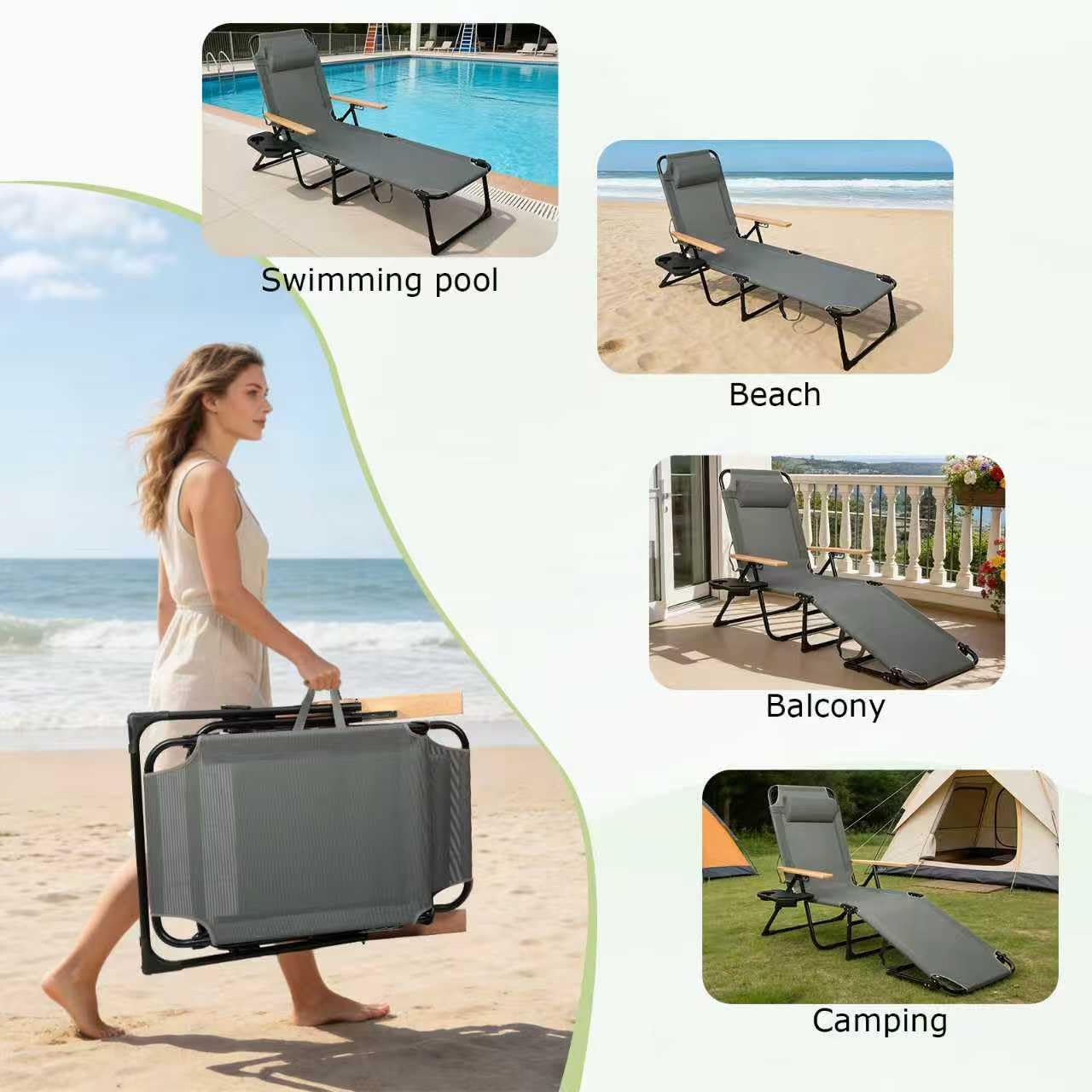 Gartenliege mit Sonnendach, Strandliege Klappbar Leicht, Sonnenliege Klappbar, Gartenliege Wetterfest, Verstellbare Campingliege für Garten, Balkon, Camping, Strand (Grau, Mit Sonnendach)