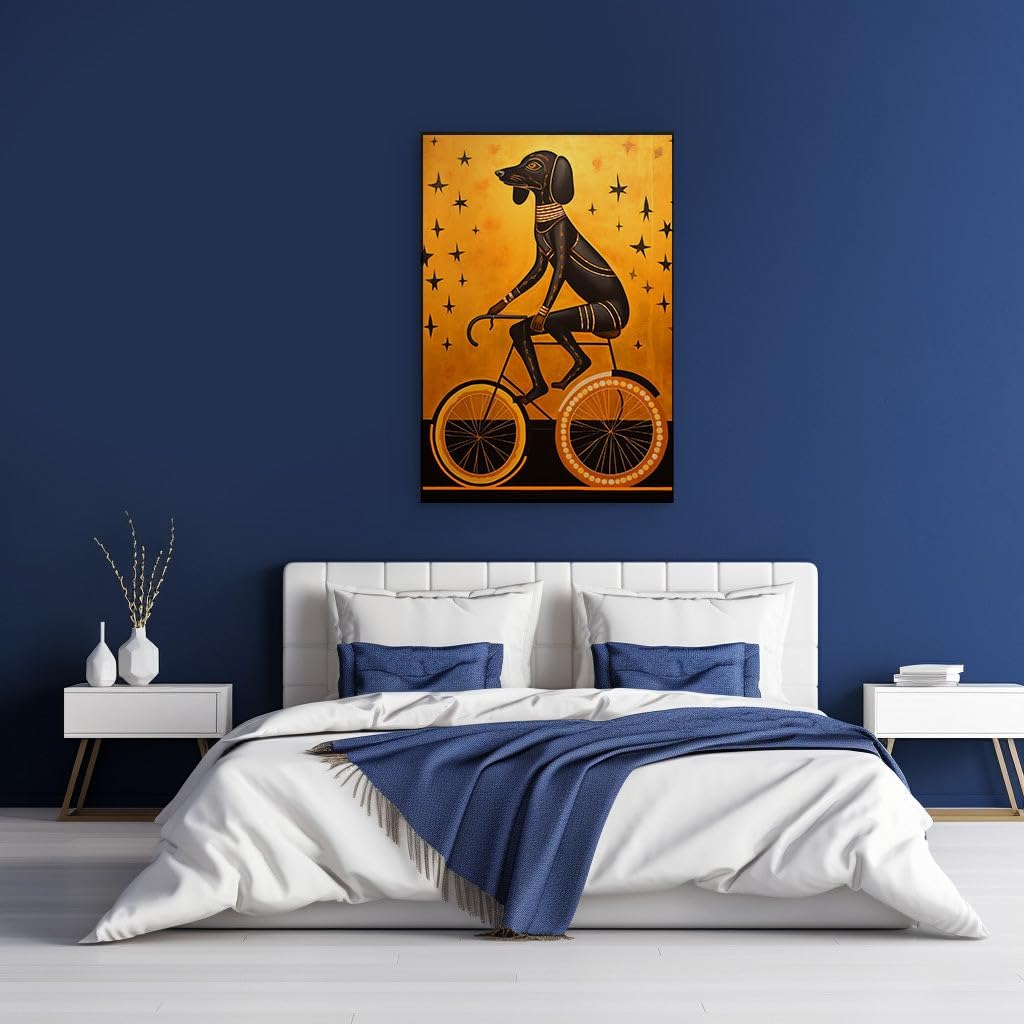Canvas for Living room. Whimsical Dreamscape on Wheels A Daring Dog's Surreal Bicycle Adventure, 27 x 18 inch Canvas Wall Art - Ready to Hang