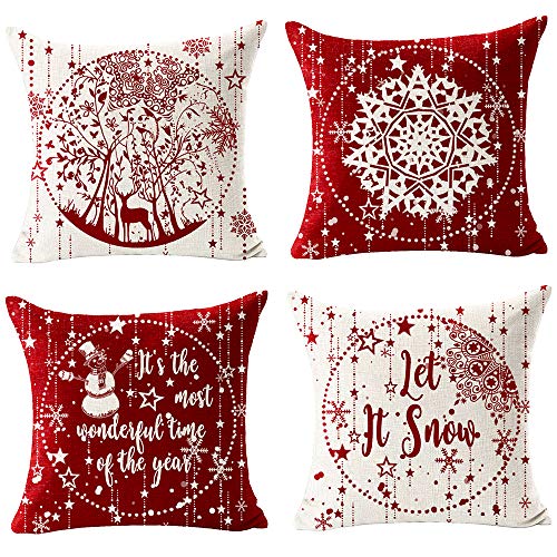Andreannie Pack of 4 Happy Winter Merry Christmas Red Snowflake Ball Let It Snow Deer with Tree Cotton Linen Throw Pillow Case Cushion Cover Decorative for Sofa Living Room Square 18 Inches (X)