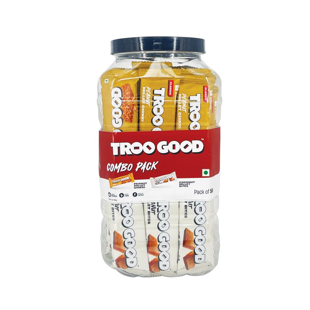 TROOGOOD Assorted Peanut Millet Chikki (16g)+ Coconut Millet Chikki (15g) Combo Jar | Packed with Fiber and Protein | Barfi | Gajak | No added Preservatives, Colours and Artificial Ingredients | Jar of 50 pieces | (B0DGQJ4KC1) Amazon Price History, Amazon Price Tracker