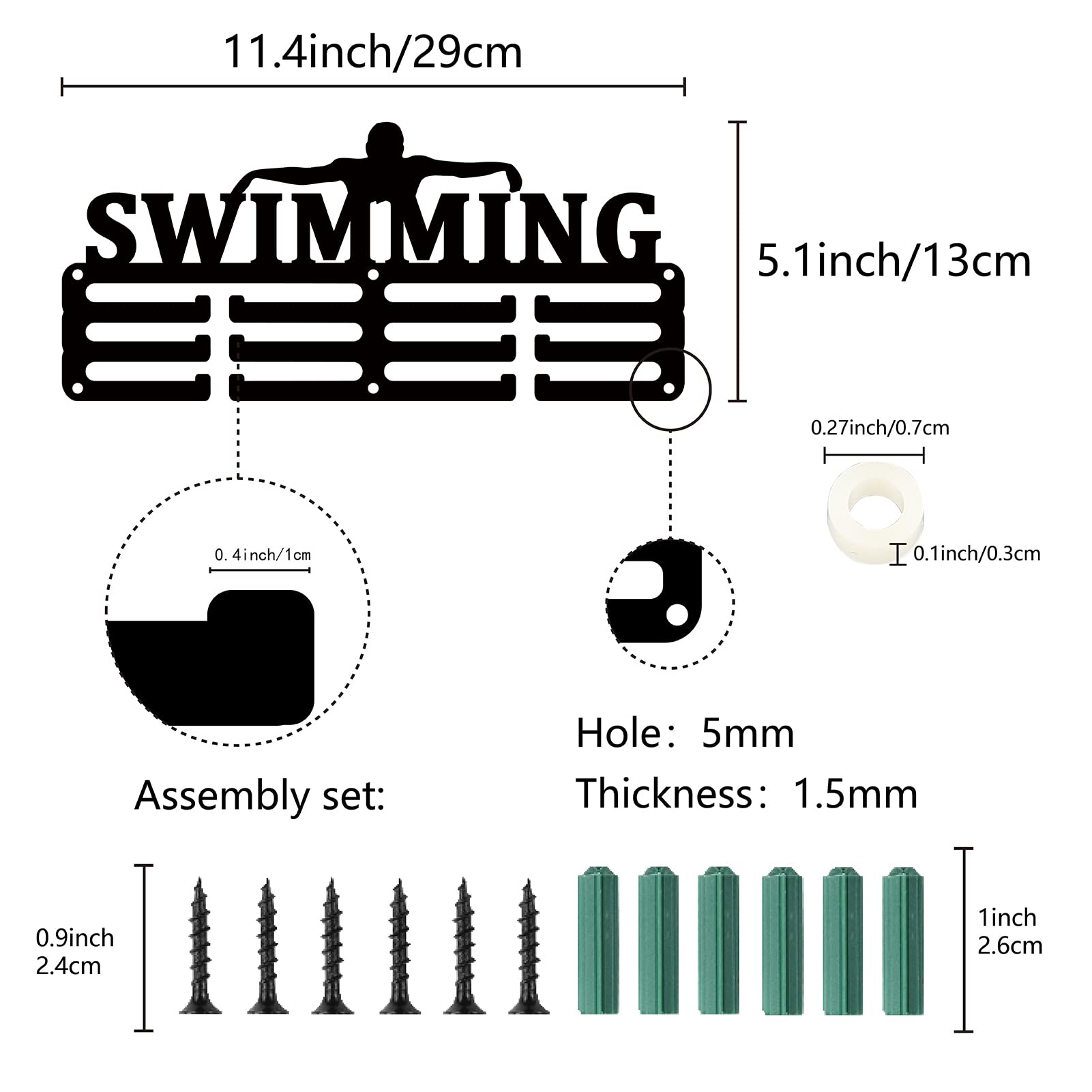 CREATCABIN Medaglia Nuoto Porta Medaglia Appendiabiti Espositore Sport Metallo Appeso Premi Ferro Piccolo Supporto Decor Premi per Parete Casa Distintivo Gara Corsa Ginnastica Nuoto Nero 29x13cm