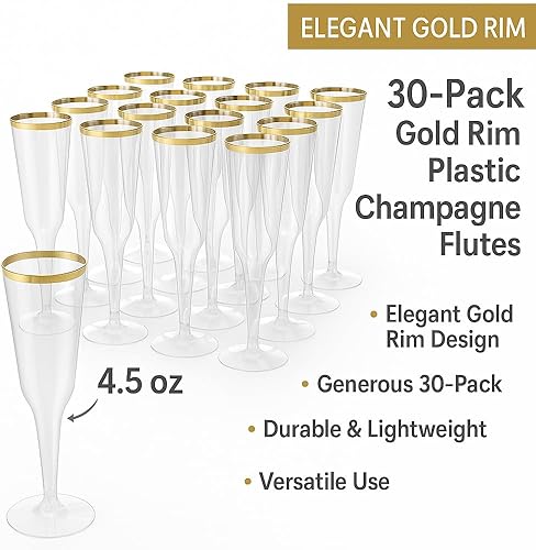 Miniatura 2 de Oojami 30 flautas desechables clásicas de plástico champán para fiestas, vasos de plástico, vasos de boda, fiesta, tostado, cóctel, paquete de