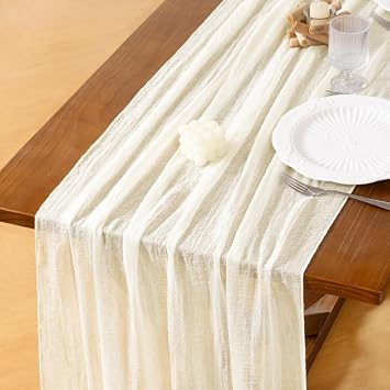 Socomi Ivory White Cheesecloth Table Runner Summer Gauze 120 Inch Rustic Boho Cheese Cloth Runner for Wedding Party Baby Bridal Shower Centerpiece Decor Holiday Home Decorations