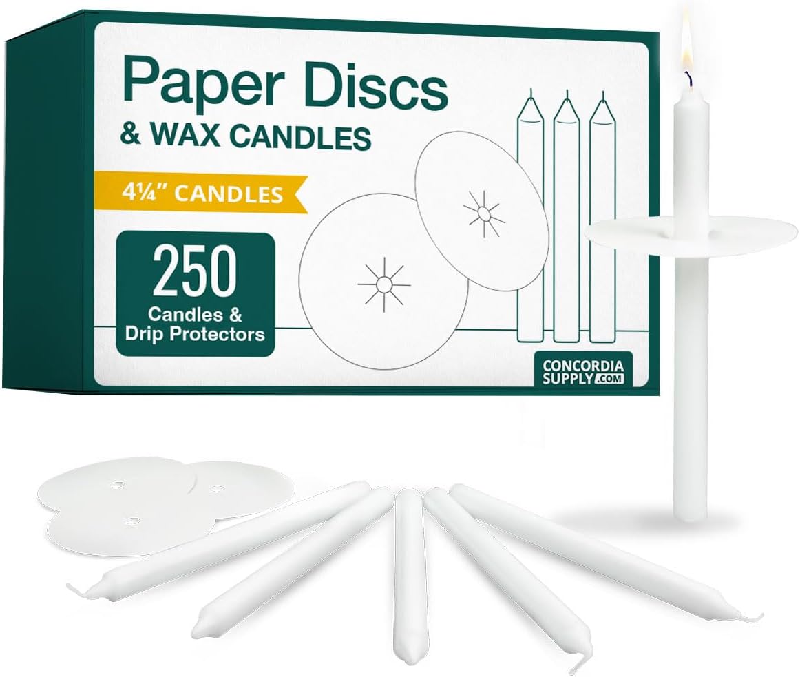 Concordia Supply Paper Bobeche Candle Drip Protectors - 4.25" x 1/2" Candles w/Easy to Hold White Paper Candle Holders - Ideal for Candle Light, Memorial, & Congregational Services - Set of 250