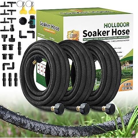 3 Pack Short Soaker Hose 15 Ft for Garden Beds, 70% Water Saving Drip Hose Irrigation for Lawn, Landscaping, Garden And Soaker Hose Connectors Kit Cover