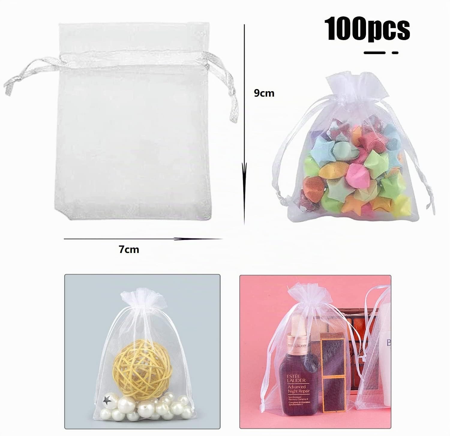 100 bolsas de organza, 7 x 9 cm, bolsas de organza, bolsas de regalo, joyas de boda, para festivales, fiestas y bodas, cordón de satén