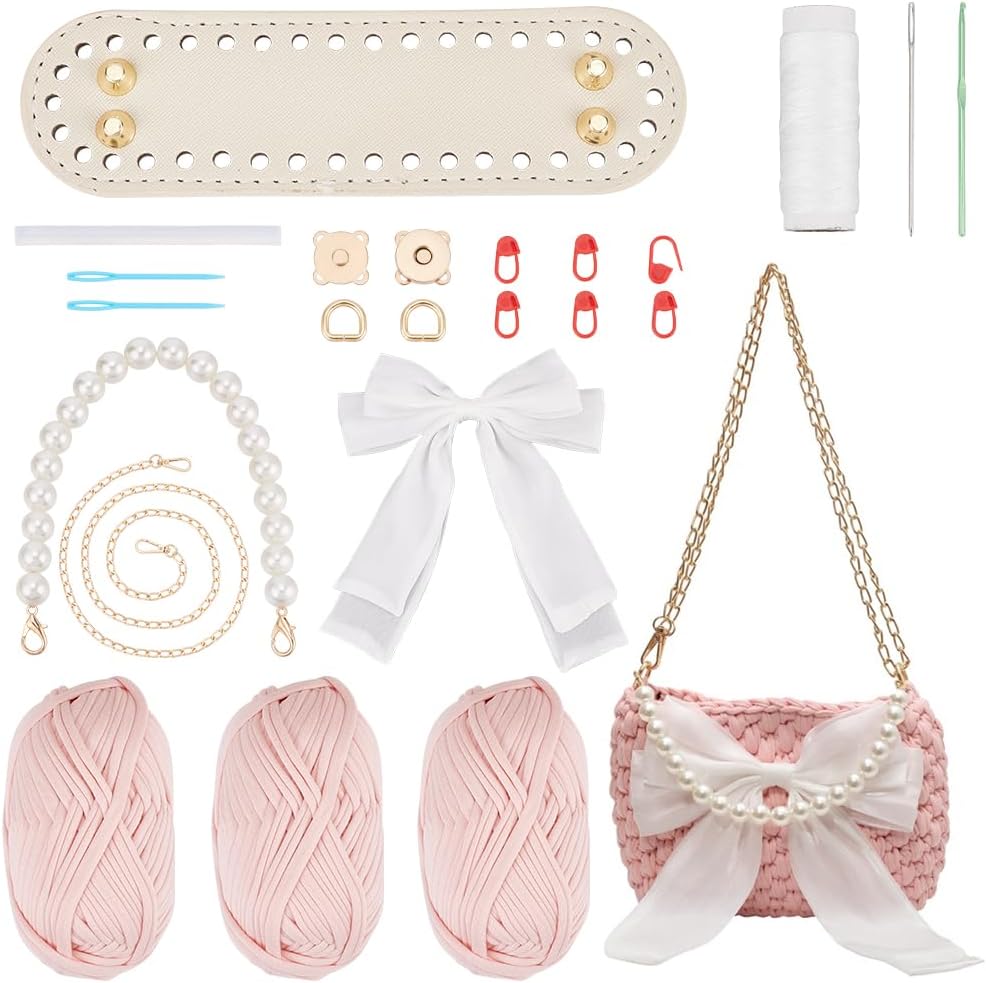 WADORN DIY Crochet Knitting Bag Kit, Handmade Crochet Handbag Making Kits Women’s Bowknot Crossbody Bag Making Kit DIY Shoulder Bag Making All Materials, 9x2x5.9 Inch, Pink