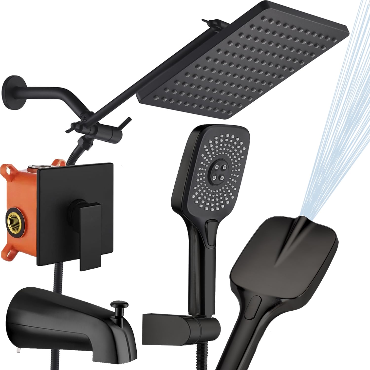 Photo 1 of SUNZOE Shower Faucet Set with Tub Spout Matte Black 10 Inch Rainfall Shower with 4 Setting Spray Mixer Shower System Modern Luxury Wall Mounted Tub Shower Faucet Set Rough-in Valve Body (Matte Black)