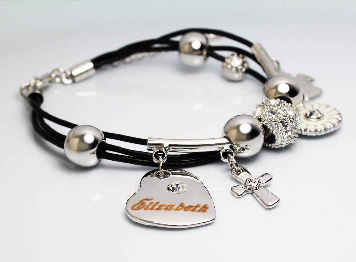 Zacria Name Bracelet Elizabeth - Personalised Ladies Genuine Leather Multi Strand Bracelet & 18K White Gold Plated Engraved Name Heart Charm with A Swarovski Element