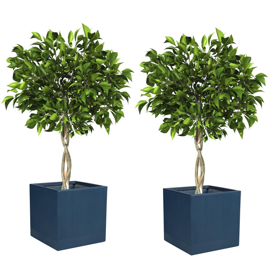 Fibre Clay Box Planters 37cm Set of 2 Striped Plant Pots (Blue, L, 40L)