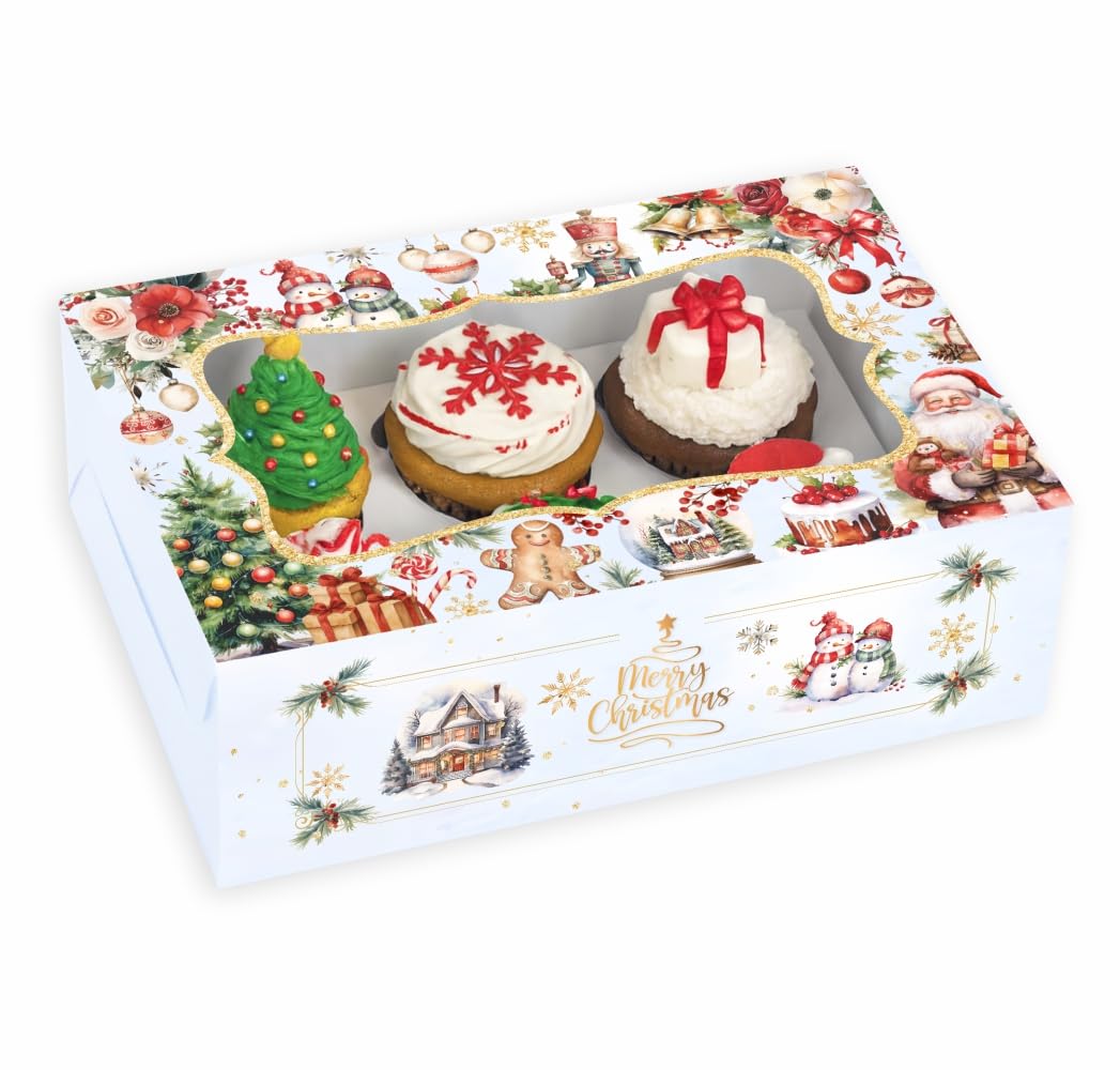 Christmas Wonderland Gift Box/Cupcake Box for 6 350 GSM Glossy Finish – (Pack of 8). Removable tray. Pastry box.