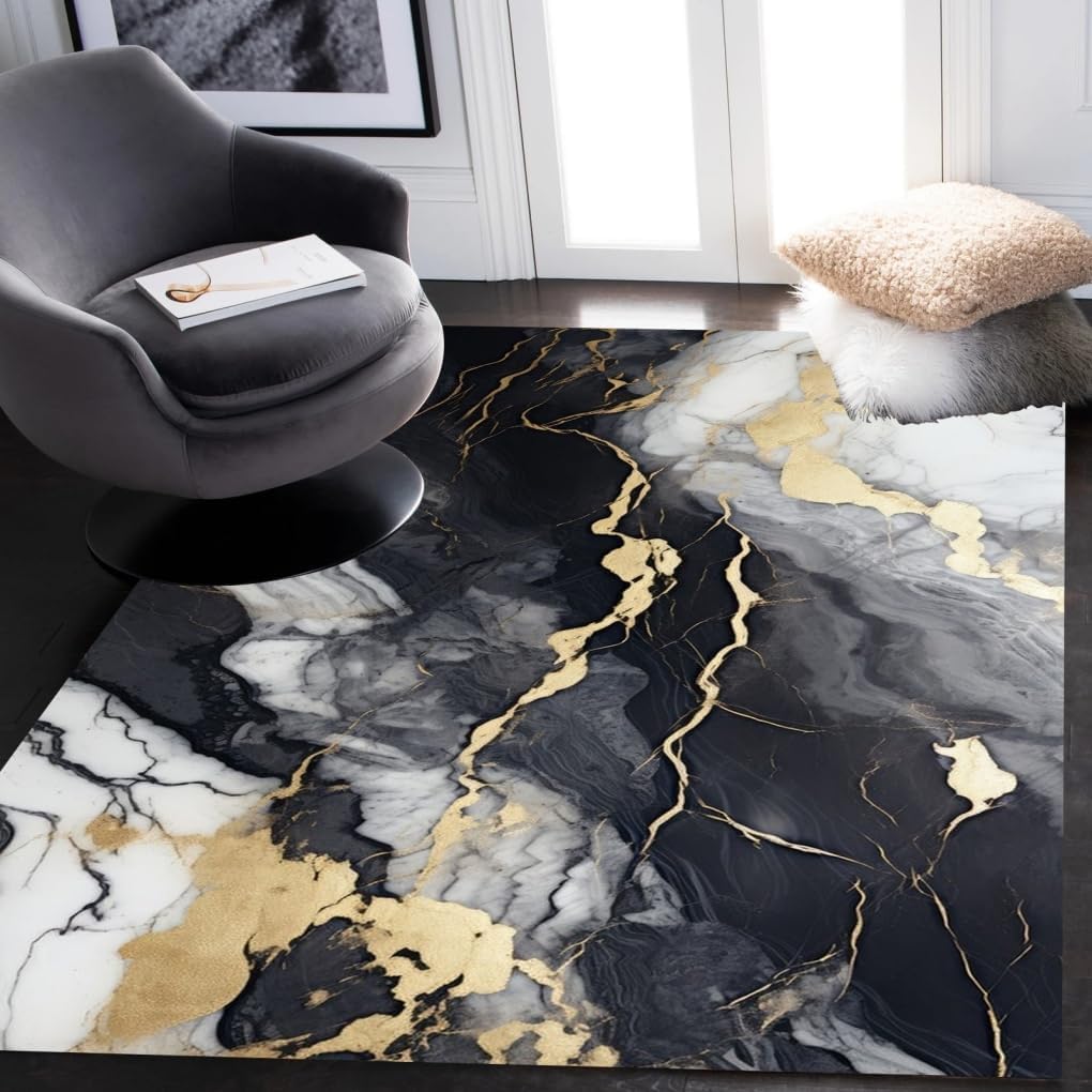 Black Grey Gold Marble Texture Modern Abstract Rug for Living Room Bedroom Diningroom Luxury Art Decor Home Office Guestroom Floor Carpet Indoor
