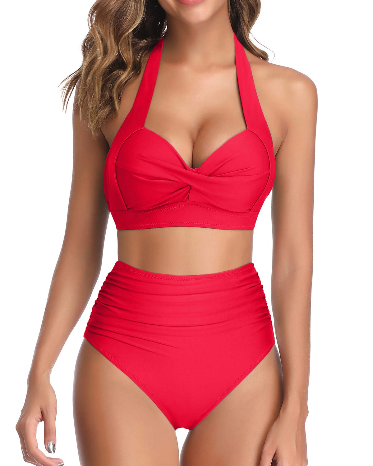 Tempt Me Women Two Piece Vintage Swimsuit Retro Halter Ruched High Waist Bikini with Bottom