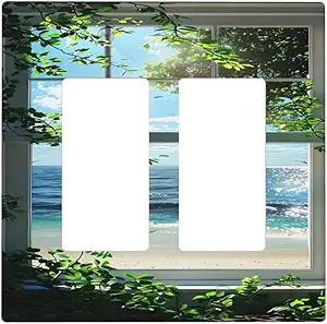 Decorative Outlet Covers Window Beach Seascape View Green Leaves 2 Gang Wall Plate Double Rocker Two Switch Wall Cover Plate Light Switch Cover Plate Faceplate for Bedroom Decor