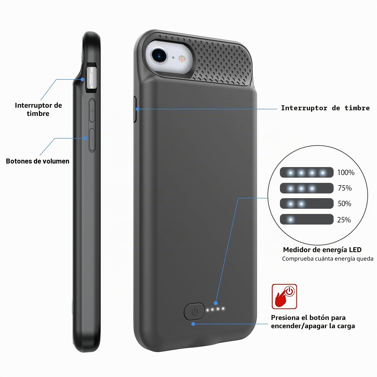 BOPPS Funda de batería para iPhone SE (2022/2020), 6000 mAh, protección de 360°, recargable, batería extendida, fundas de carga para iPhone SE (3ª y 2ª generación)/8/7/6s/6-4.7 pulgadas, color negro