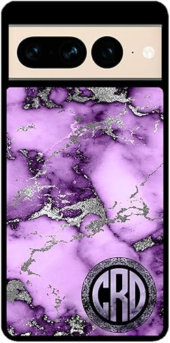 Purple and Silver Marble Monogram Black Rubber Phone Case Compatible With Google Pixel 10, 10 Pro, 10 Pro XL, 9a, 9 Pro, Pixel 9, Pixel 9 Pro XL,