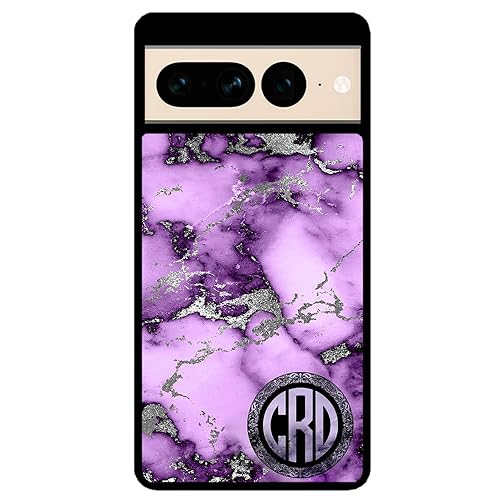 Purple and Silver Marble Monogram Black Rubber Phone Case Compatible With Google Pixel 8 Pro, 8, 7a, 7, Pixel 7 Pro, 6a, Pixel 6 Pro, 6, 5, 4a 5G,
