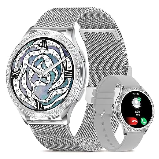 KIPTUMTEK Smartwatch Damen mit Telefonfunktion,1.32 Zoll Touchscreen, Fitnessuhr mit SpO2 Blutdruckmessung Herzfrequenz Schrittzähler Sportuhr IP67 Wasserdicht für Android und ios (Silber)