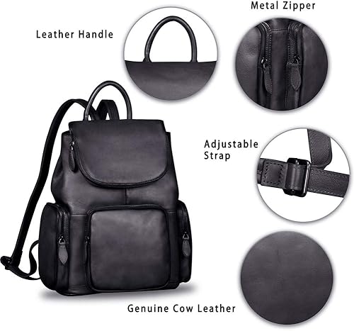 Miniatura 6 de IVTG Mochila de cuero genuino para mujer, mochila vintage de cuero real, mochila a la moda, bolsa de alta capacidad (gris oscuro)