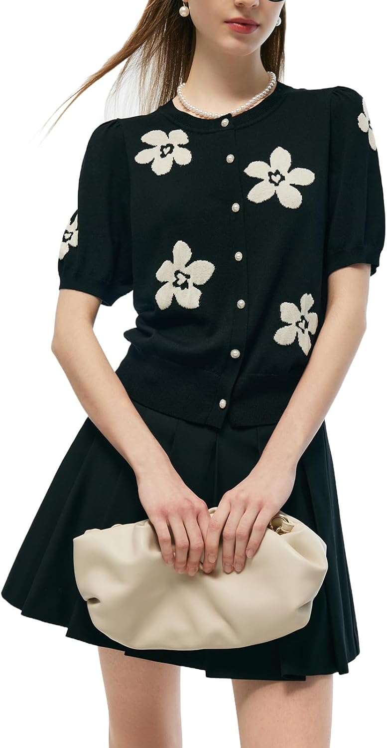 Women Cardigan Sweaters Tencel Mulberry Silk Blend Floral Jacquard Cardigans Round Neck Button Open Front Summer Tops