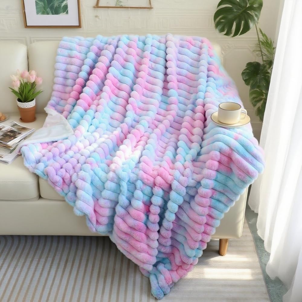 Super Soft Faux Fur Plush Throw Blanket, Rainbow Tie-Dye Pattern, Pastel Blue and Pink, Ribbed Decorative Cozy Blanket for Couch Bed,Gift for Women (Twin (63" x 77"),Blue and Pink) - Image 2