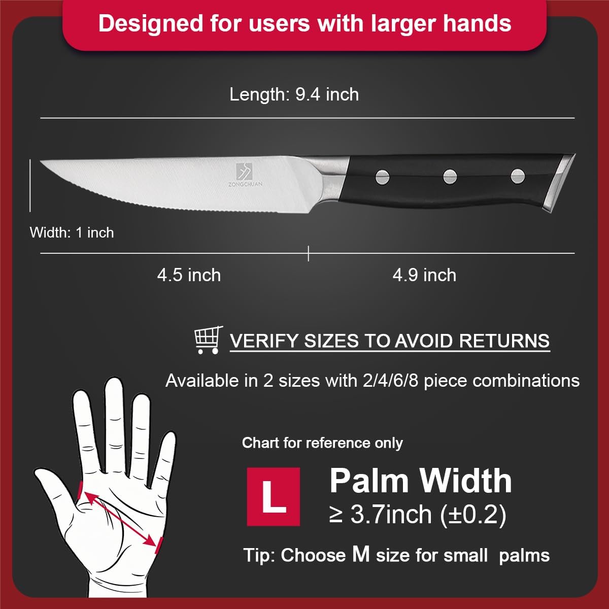 Steak Knives,4.5 Inch Steak Knives Set of 8, Micro-Cutting Point Serrated Edge, Very Sharp Steak Knife, Dishwasher Safe, 50CR15MOV Stainless Steel, Handle Ergonomic And Full Tang Design With Gift Box