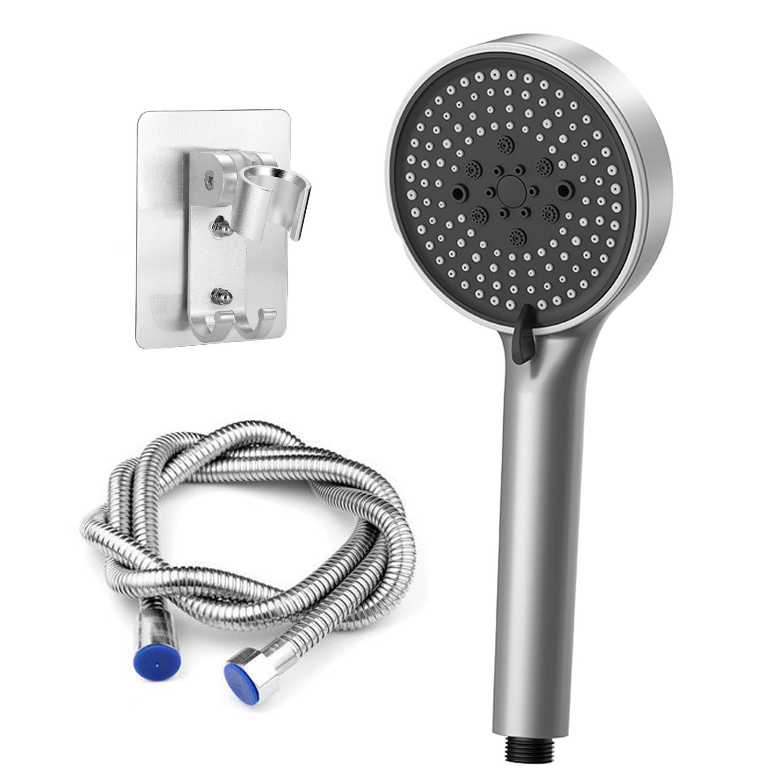 Shower Head, Shower Head with Hose, 2 m, High Pressure Hand Shower, 5 Jet Types, Water Saving Shower Head, Shower Head for Bathing, Round Shower Head (120mm) (Silver)