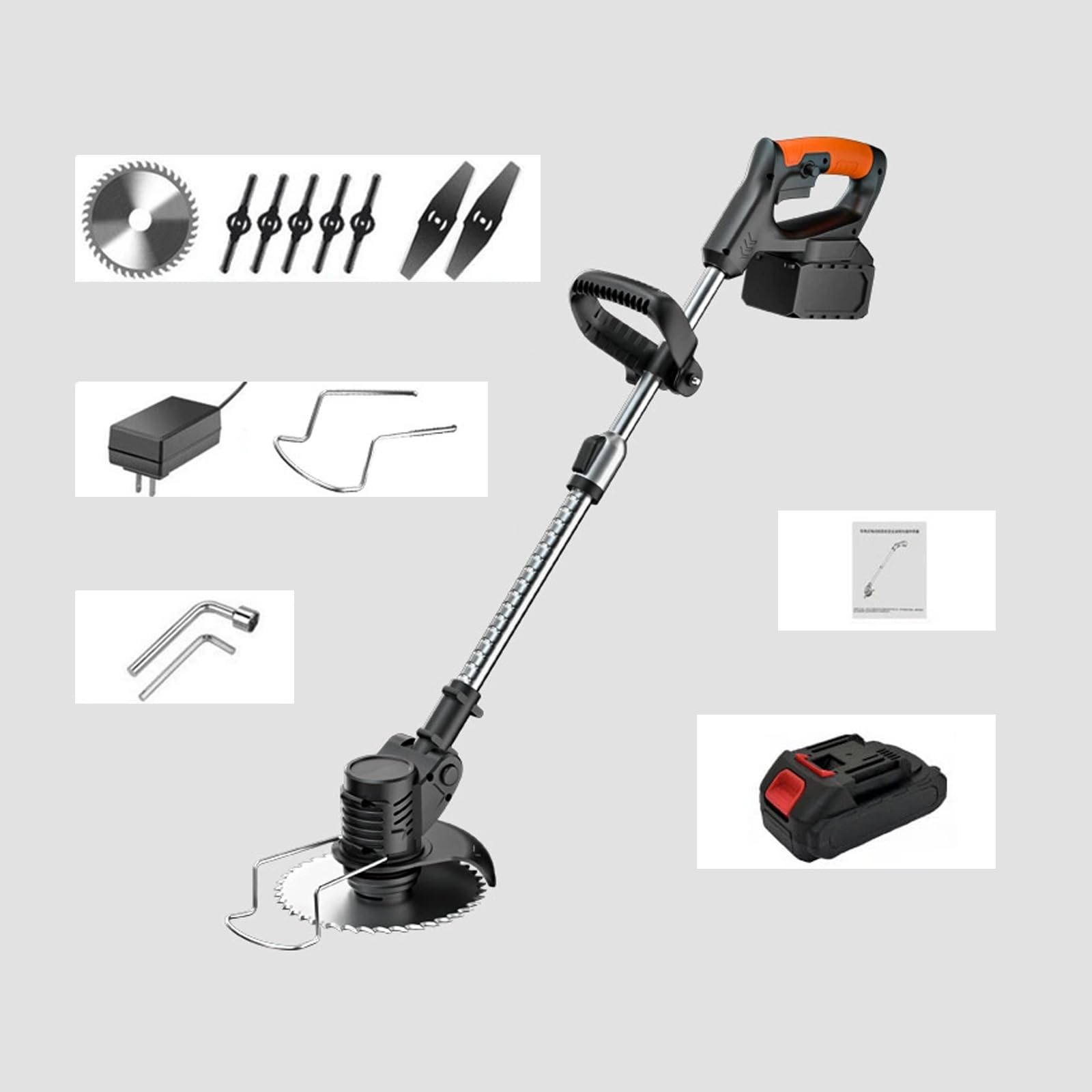 Cortadora de césped inalámbrica, motor sin escobillas, cabezal ajustable de 60°, poste telescópico, interruptor de seguridad dual para cortar malas hierbas y mantenimiento del jardín